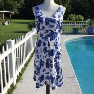 Chaps Navy and White Patterned Dress